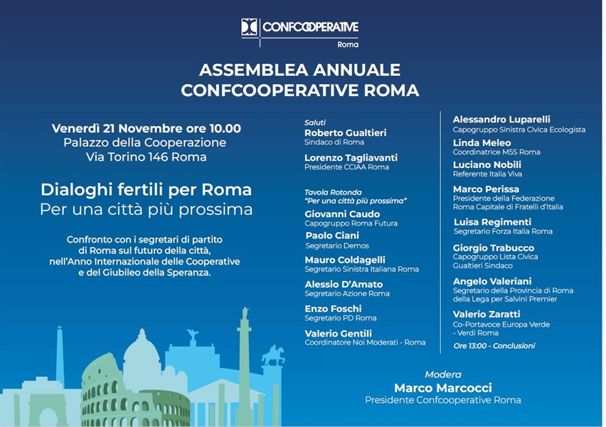 Dialoghi fertili per una città più prossima - Venerdì 21 l’assemblea di Confcooperative Roma aperta ai partiti locali